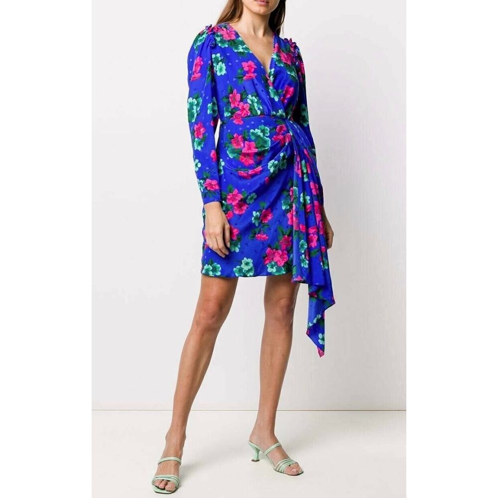 Essentiel Antwerp Viesbeth Puff Sleeve Silk Mini Dress Palace Blue Floral US 4